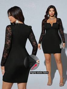 Viva Relle 大码女装春夏性感半透明蕾丝拼接V领收腰长袖连衣裙，休闲/工作两相宜，优雅派对礼服，时尚女装 - 黑色 - 查看 1