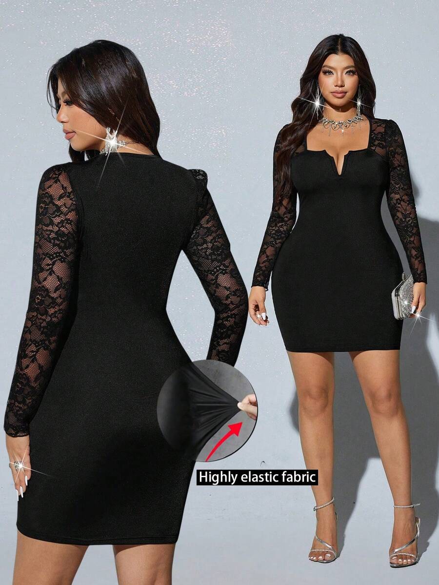 Viva Relle 大码女装春夏性感半透明蕾丝拼接V领收腰长袖连衣裙，休闲/工作两相宜，优雅派对礼服，时尚女装 - 黑色 - 查看 1