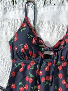 SHEIN Swim Mod 两件套女士沙滩装，包括一件坦克比基尼泳衣和一件复古樱桃印花镂空泳衣，适合海滩、泳池、春夏度假穿着，女士樱桃泳装，樱桃印花泳衣 - 黑色 - 查看 4