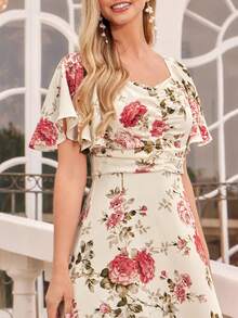 Amorya 女士方领荷叶袖杏粉色印花修身A字优雅长裙，适合春夏日常穿着、度假、婚礼、派对等场合。 - 彩色 - 查看 5