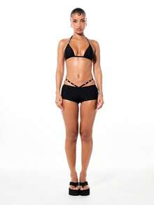 BABYPHAT Women's Triangle Bikini Top With Rhinestone Detail Straps Halter Neck Swimwear Summer Beach Vacation - Black - View 3