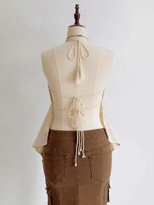 ROMWE Kawaii Áo yếm dây buộc móc khóa vải họa tiết tua rua retro hippie gợi cảm có viền bất đối xứng dành cho nữ - Màu be - Xem 2