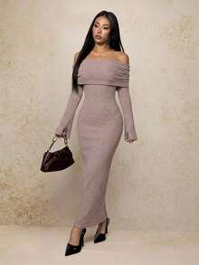 SHEIN PETITE 女士纯色露肩长袖休闲长裙，派对女士服装，新年女士连衣裙，圣诞节女士服装 - 藕粉色 - 查看 3