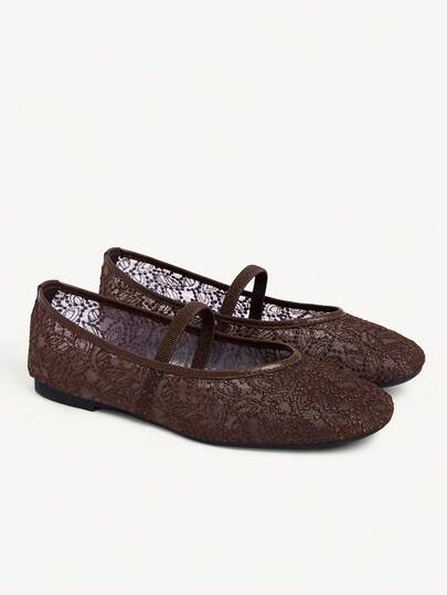 CUCCOO CHICEST 咖啡棕色网眼花朵方头文字腰带舒适柔软简约通勤女平底鞋