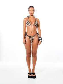 SUMWON WOMEN Dam triangelbikiniset med tigermönster, halterneck, knytband i sidan, badkläder, strand, sommarsemester, tvådelad - Multifärgad - Visa 3