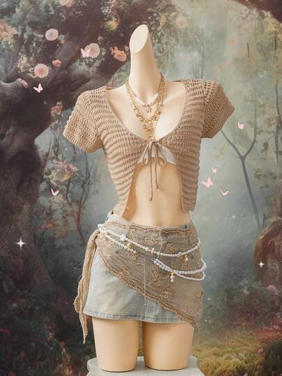 EgrlEra Coastal Resort Style Short-Sleeve Knitted Lace-Up Cardigan, Women's Cropped Knitted Top For Summer