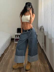 StreetHx Women's Fashion Casual Low Waist Striped Wide Leg Cropped Jeans - Dark Wash - View 4