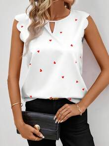 SHEIN Clasi 女士无袖心形图案可爱粉色夏季婚礼上衣 - 紅白色 - 查看 6