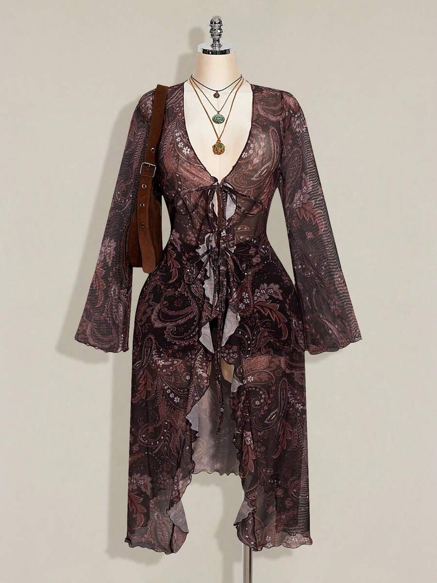 SHEIN ICON Áo dài tay dáng rộng dành cho nữ, họa tiết hoa, thắt nơ phía trước, kiểu dáng thường ngày. - màu nâu - Xem 1