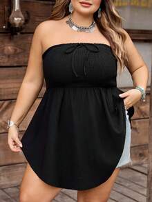 SHEIN CURVE+ Áo kiểu dáng US22, chất liệu vải dày dặn, thích hợp cho lễ hội âm nhạc, kỳ nghỉ bên bờ biển, phong cách Bohemia. Áo không tay, cổ buộc dây, bèo nhún, vạt bất đối xứng, viền ren, màu đen, thích hợp cho mùa xuân/hè. - màu đen - Xem 4