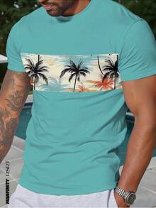 Manfinity RSRT Camiseta de manga corta y cuello redondo para hombre con estampado de árbol de coco tropical, azul lago - Multicolor - Ver 1
