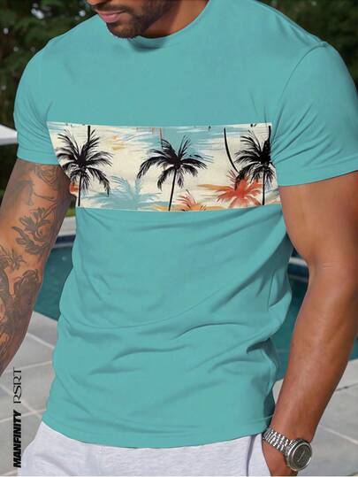 Manfinity RSRT Tropical Coconut Tree Beach Print Men's Round Neck Short Sleeve T-Shirt, Lake Blue