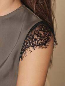 Maija 2026 Women's Lace Patchwork Flare Sleeve Round Neck High Slit Party Dress - Brown - View 4