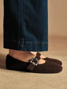 Rosivie Women's Classic Crystal Decorated Square Toe Flat Shoes - Brown - View 4