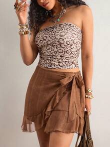 Freevana Chân váy xếp ly buộc dây màu trơn cỡ lớn kiểu dáng thường ngày - Cà phê nâu - Xem 9