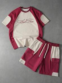 PAVTROS 男士街头风时尚短袖T恤短裤套装（2件套），复古学院风，针织短袖T恤，圆领T恤，松紧腰抽绳短裤，针织运动套装，十字架和标语图案，复古美式，运动撞色，哥特字体，宽松版型，街头舞者/说唱歌手服装，慵懒休闲套装，男女皆宜，男友礼物，节日礼物 - 彩色 - 查看 1