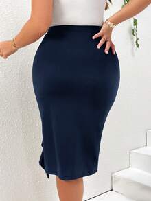 SHEIN Privé Plus Size Women Red Ruffle Hem Asymmetrical Skirt - Navy Blue - View 2