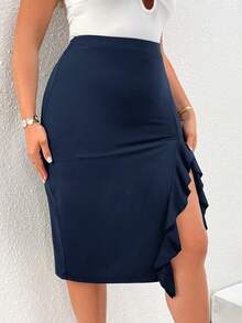 SHEIN Privé Plus Size Women Red Ruffle Hem Asymmetrical Skirt - Navy Blue - View 3