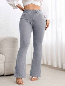 Flexra Plus Size High Waist Slim Fit Flare Leg Washed Dark Blue Jeans - Light Grey - View 7