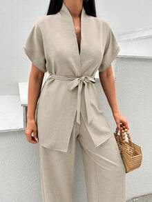 EURMUSE Bộ đồ nữ màu trơn, thắt eo, tay ngắn và quần ống rộng, kiểu dáng thường ngày. - Màu be - Xem 4