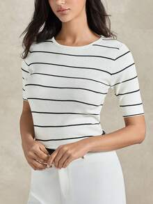 Briarwyn Blusa de punto de manga corta a rayas para mujer, atuendo casual para ir y venir, atuendos de verano, atuendos de verano para mujer, atuendos de San Valentín para mujer, atuendo de playa, blusas para salir - Blanco - Ver 3