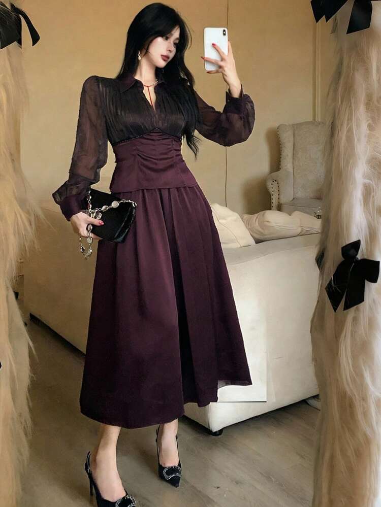 Women's Elegant Commuter Colorblock Patchwork Shirt And Skirt 2 Pieces Set