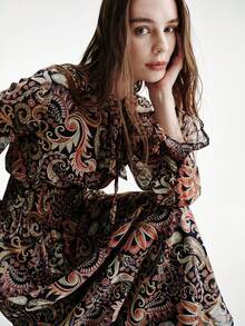 Aveloria Modichic Vestido de manga acampanada con estampado retro de contraste de color transparente, elegante y bohemio para vacaciones y viajes - Multicolor - Ver 5