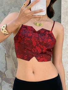 EastFlair Camiseta sin tirantes mini sexy de estilo neochino de jacquard, conjunto de verano, blusas de verano, atuendos de vacaciones de verano, conjunto de primavera para mujer, Día de San Valentín, atuendos de San Valentín para mujer, vestidos elegantes para fiestas, blusas elegantes para salir - Burdeos - Ver 2