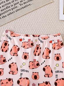 Bộ đồ ngủ mùa hè cho bé gái, áo tay ngắn và quần short ôm sát, áo họa tiết kaki + quần short in hình chuột lang, đồ ngủ thoải mái, ôm sát dễ thương, bộ đồ mặc nhà cho bé gái họa tiết chuột lang đáng yêu. - Màu be - Xem 9