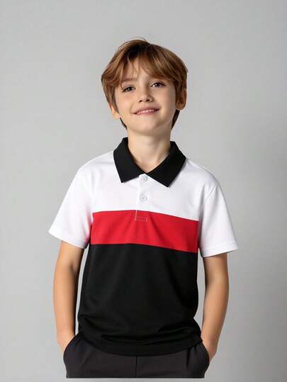 SHEIN Vacaura Boys' Colorblock Design Casual Polo Shirt, Suitable For Leisure And Commute Wear