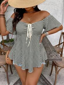 SHEIN VCAY Blusa/camisa de mujer vintage de talla grande, casual, de vacaciones, de primavera/verano, de playa, bohemia, con jacquard, a rayas, hombros descubiertos y cordón, colorida - Verde - Ver 3