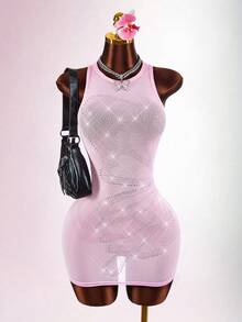 Amplova 2026 New Butterfly Pattern Diamond Sheer Mini Dress For Women - Baby Pink - View 1