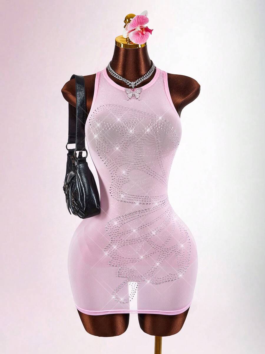 Amplova 2026 New Butterfly Pattern Diamond Sheer Mini Dress For Women - Baby Pink - View 1