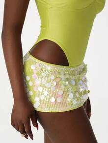 Amplova Women Neon Green Ruched Camisole Jumpsuit And Sequin Bodycon Mini Skirt Sexy 2 Pieces Set - Yellow - View 4