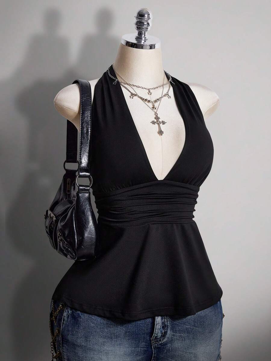 SHEIN ICON Áo camisole chấm bi hở lưng cổ chữ V eo thon dáng chữ A cỡ lớn, áo camisole chấm bi hở lưng kiểu retro Y2K, áo babydoll chấm bi hở lưng. - màu đen - Xem 1