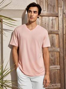Mercer Haus Men's Casual Daily Solid Color V-Neck Short Sleeve T-Shirt, Summer , Suitable For Summer Tropical Holiday Vacation In Hawaii. - Pink - View 3