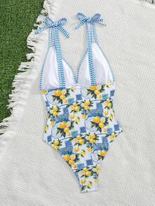 Swim Mod Fresh Blue Striped Contrast Lemon Print Deep V Backless Spaghetti Strap One-Piece Swimsuit, Suitable For Vacation And Beach - Multicolor - View 6