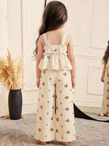 SHEIN LMoss Kids 女婴夏季可爱黄色条纹吊带背心和松紧腰裤套装 - 杏色 - 查看 7