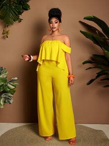 Maweii Plus Size Women's Casual Bohemian Style Vacation Solid Color Off-Shoulder Loose Wide Leg Jumpsuit, Spring/Summer - Yellow - View 5