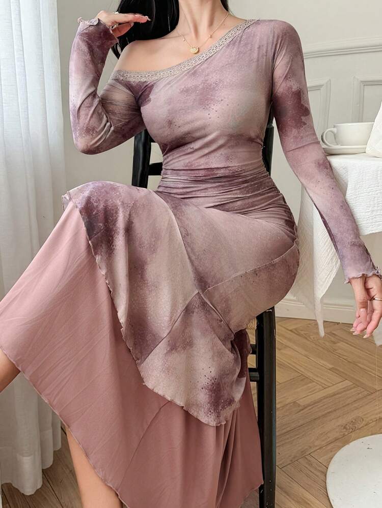 Women's Asymmetric Neckline Long Sleeve Ruffle Hem Dress Sundress