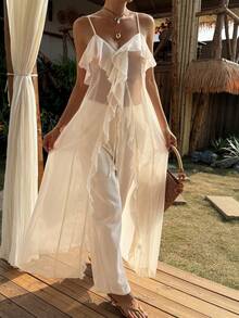 Livesso Spring & Summer Mid-Length Cardigan, White Spaghetti Strap Dress, Casual Vacation Beach Chiffon Blouse With Ruffle Hem, Elegant Office Wear Sleeveless Tank Top For Women - White - View 6