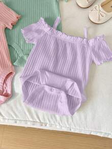 SHEIN LMoss Kids 3件組新生女嬰休閒可愛簡約純色露肩短袖連身衣 - 彩色 - 查看 5