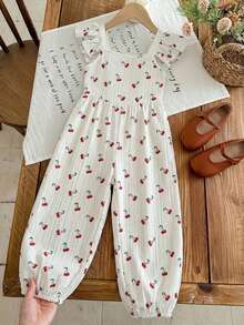 SHEIN X Scheana LMoss Kids 女童纯色荷叶边连体裤 - 杏色 - View 3
