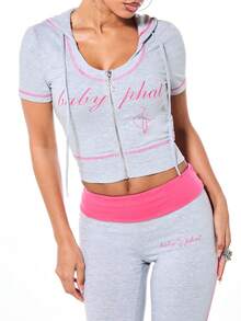 BABYPHAT Áo thun cổ tròn có mũ, khóa kéo, chất liệu jersey, phối màu hồng tương phản và họa tiết in, tay ngắn, phong cách đường phố thường ngày. - Xám - Xem 4