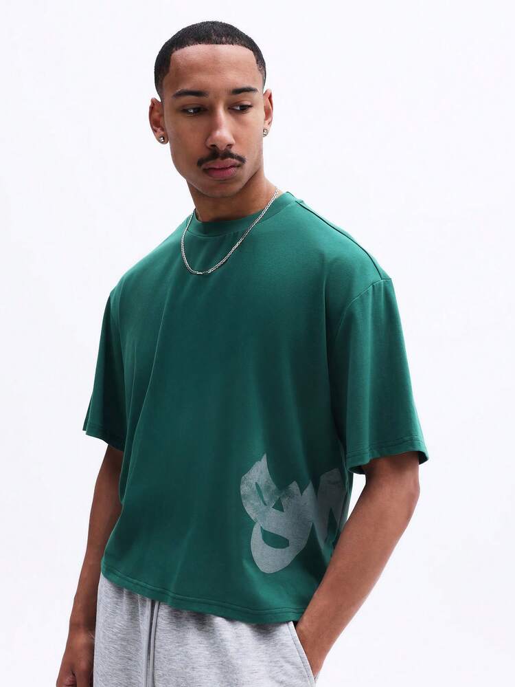 Camiseta Casual de Manga Curta com Gola Careca e Estampa Grande, Corte Quadrado, Verde, para Verão