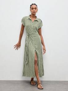Maija Đầm midi nữ kẻ sọc tay cánh dơi cài cúc đơn giản, phong cách thường ngày. - màu xanh lá - Xem 5