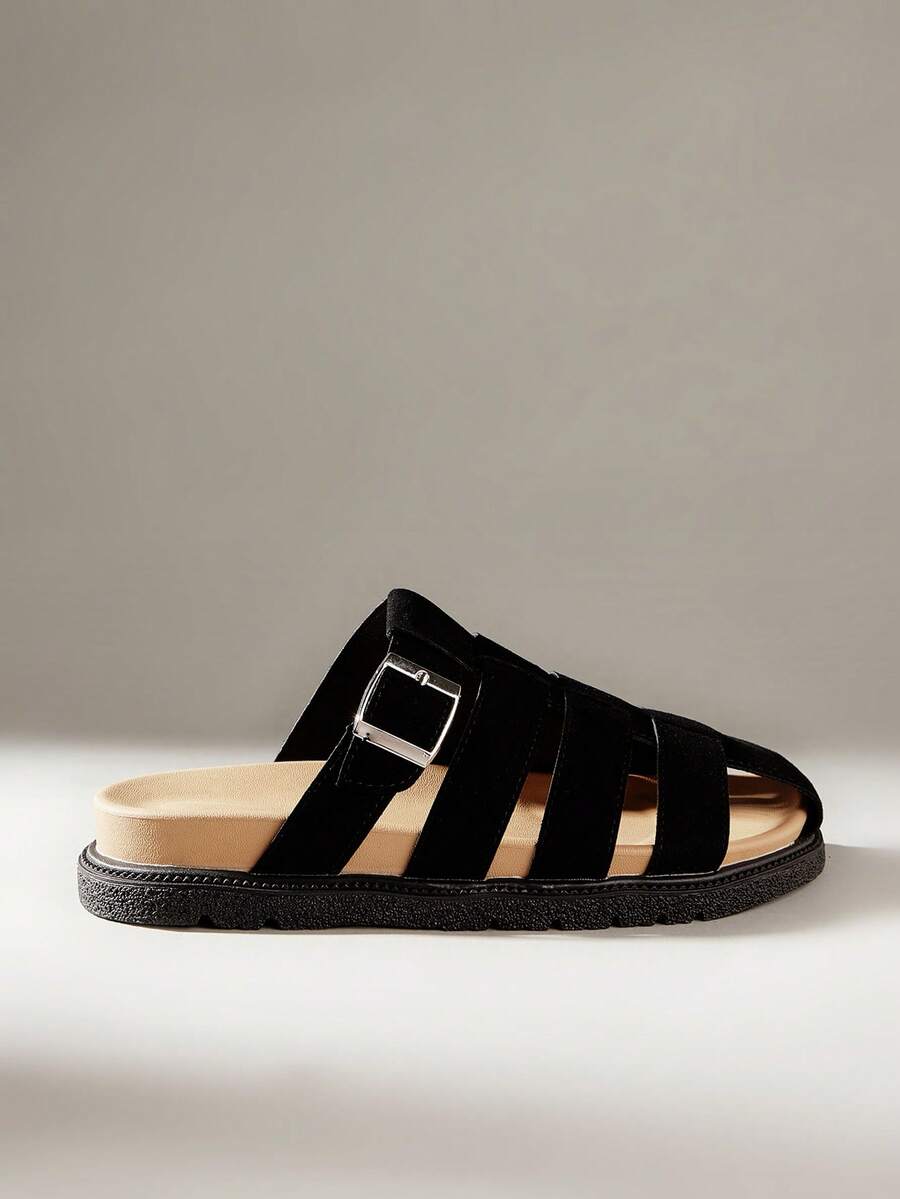 女士厚底凉鞋，时尚镂空穆勒鞋，舒适平底拖鞋，适合春夏度假休闲及户外活动，防滑设计，新款渔夫罗马编织平底凉鞋 - 黑色 - 查看 1