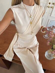 Strévra Women's Sleeveless Mock Neck Top And Casual Pants 2 Pieces Set - Apricot - View 5