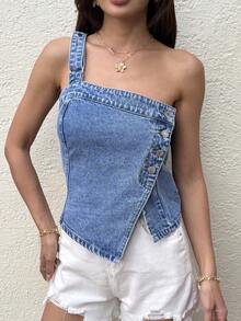 Sunnyshic 时尚休闲不对称水洗牛仔露肩上衣 - 中等水洗藍 - 查看 8