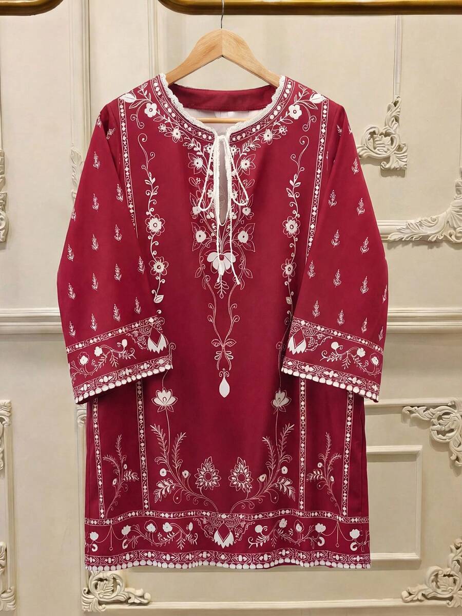 GlowEve 女士印花系领宽松休闲中长连衣裙 - 紅色 - 查看 1